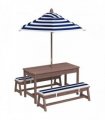 AIYAPLAY Outdoor Wooden Kids Picnic Table & Bench Set with Cushions and Umbrella, for Patio, Garden, Navy Blue