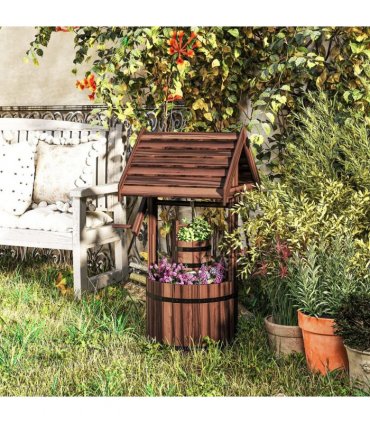 Outsunny Wood Wishing Well for Outside with Hanging Bucket, Wishing Well Planter with Drain Hole for Garden Patio, Carbonized