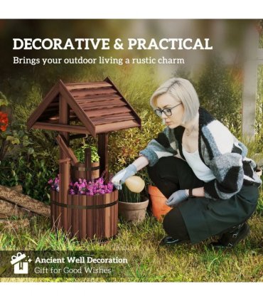 Outsunny Wood Wishing Well for Outside with Hanging Bucket, Wishing Well Planter with Drain Hole for Garden Patio, Carbonized