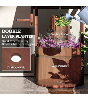 Outsunny Wood Wishing Well for Outside with Hanging Bucket, Wishing Well Planter with Drain Hole for Garden Patio, Carbonized