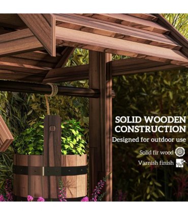 Outsunny Wood Wishing Well for Outside with Hanging Bucket, Wishing Well Planter with Drain Hole for Garden Patio, Carbonized