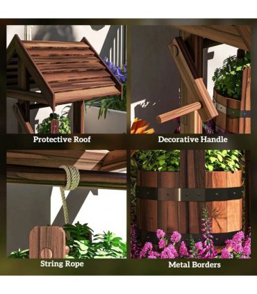 Outsunny Wood Wishing Well for Outside with Hanging Bucket, Wishing Well Planter with Drain Hole for Garden Patio, Carbonized