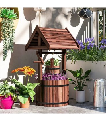 Outsunny Wood Wishing Well for Outside with Hanging Bucket, Wishing Well Planter with Drain Hole for Garden Patio, Carbonized