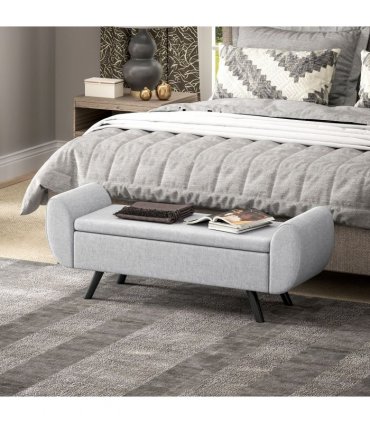HOMCOM Storage Ottoman with Armrest, Window Seat, Upholstered Linen Storage Bench with Rubberwood Legs, Footstool for Bedroom Living Room, Hallway, Light Grey
