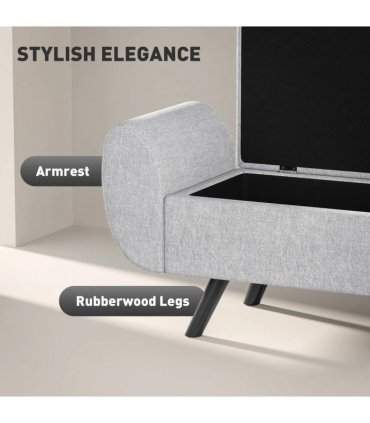 HOMCOM Storage Ottoman with Armrest, Window Seat, Upholstered Linen Storage Bench with Rubberwood Legs, Footstool for Bedroom Living Room, Hallway, Light Grey