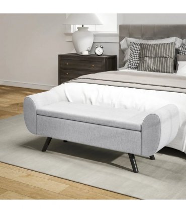 HOMCOM Storage Ottoman with Armrest, Window Seat, Upholstered Linen Storage Bench with Rubberwood Legs, Footstool for Bedroom Living Room, Hallway, Light Grey