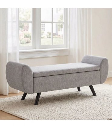 HOMCOM Storage Ottoman with Armrest, Window Seat, Upholstered Linen Storage Bench with Rubberwood Legs, Footstool for Bedroom Living Room, Hallway, Dark Grey
