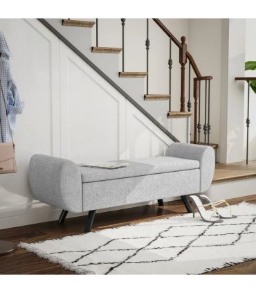 HOMCOM Storage Ottoman with Armrest, Window Seat, Upholstered Linen Storage Bench with Rubberwood Legs, Footstool for Bedroom Living Room, Hallway, Dark Grey