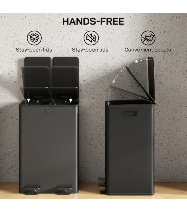 HOMCOM 56L Dual Compartment Stainless Steel Bin, with Deodoriser Holders - Black