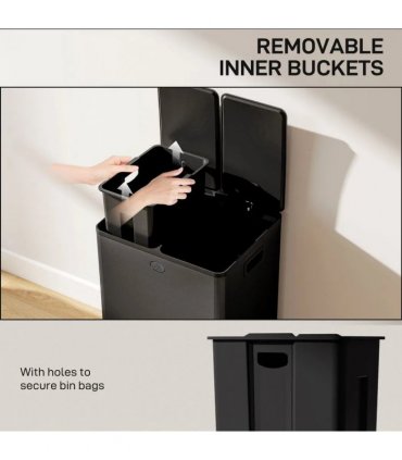 HOMCOM 56L Dual Compartment Stainless Steel Bin, with Deodoriser Holders - Black