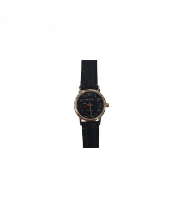 PELEX  Ladies Black Dial Black Leather Strap Quartz Watch PLX-013-GOLD-BLK-BLK