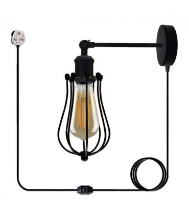 Black Vintage Industrial Light Plug in Wire cage E27 Wall Lamp~5059