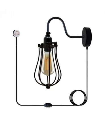 Black Vintage Industrial Light Plug in Wire cage E27 Wall Lamp~5059
