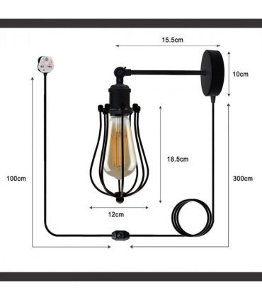 Black Vintage Industrial Light Plug in Wire cage E27 Wall Lamp~5059