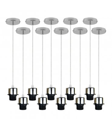 10 Pack Industrial Chrome Pendant Light, Lampshade Addable E27 Lamp Holder Light, E27 UK Holder Set With PVC Cable.
