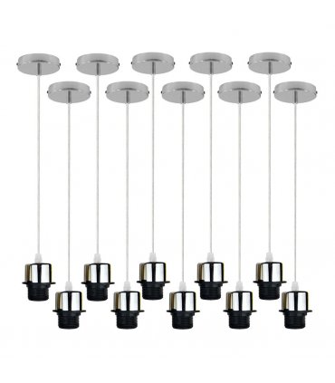 10 Pack Industrial Chrome Pendant Light, Lampshade Addable E27 Lamp Holder Light, E27 UK Holder Set With PVC Cable.