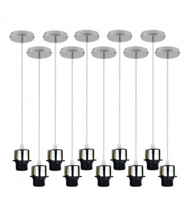 10 Pack Industrial Chrome Pendant Light, Lampshade Addable E27 Lamp Holder Light, E27 UK Holder Set With PVC Cable.