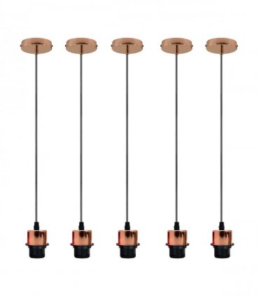 5 Pack Industrial Rose Gold Pendant Light, Lampshade Addable E27 Lamp Holder Light, E27 UK Holder Set With PVC Cable.