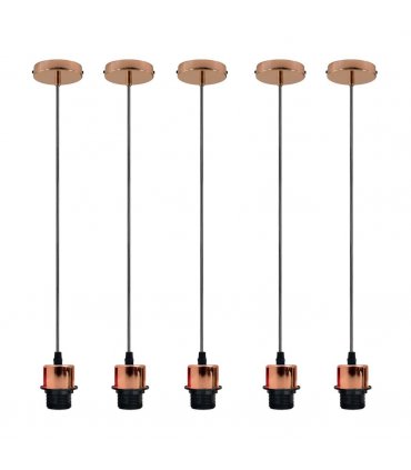 5 Pack Industrial Rose Gold Pendant Light, Lampshade Addable E27 Lamp Holder Light, E27 UK Holder Set With PVC Cable.