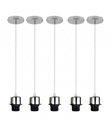 5 Pack Industrial Chrome Pendant Light, Lampshade Addable E27 Lamp Holder Light, E27 UK Holder Set With PVC Cable.