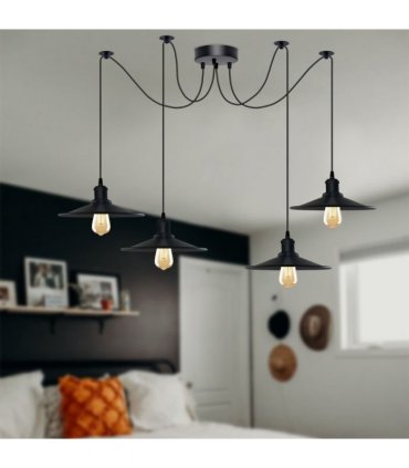 Black Vintage 4 Head Cone shaped shade Ceiling Pendant Light Fitting with Adjustable Cord Hanging Light Fixture