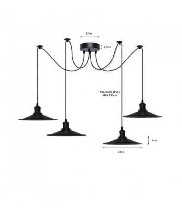 Black Vintage 4 Head Cone shaped shade Ceiling Pendant Light Fitting with Adjustable Cord Hanging Light Fixture