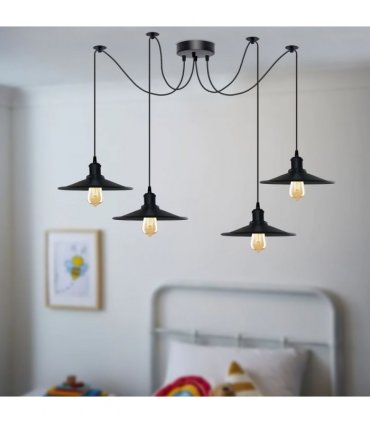Black Vintage 4 Head Cone shaped shade Ceiling Pendant Light Fitting with Adjustable Cord Hanging Light Fixture