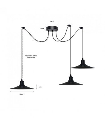 Black Vintage 3 Head Cone shaped shade Ceiling Pendant Light Fitting with Adjustable Cord Hanging Light Fixture