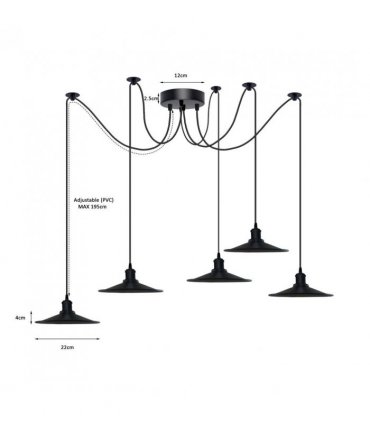 Black Vintage 5 Head Cone shaped shade Ceiling Pendant Light Fitting with Adjustable Cord Hanging Light Fixture