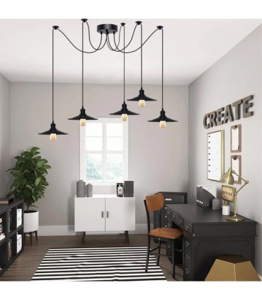 Black Vintage 5 Head Cone shaped shade Ceiling Pendant Light Fitting with Adjustable Cord Hanging Light Fixture