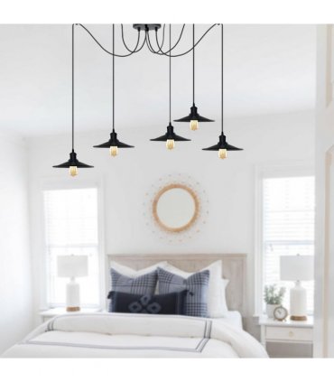 Black Vintage 5 Head Cone shaped shade Ceiling Pendant Light Fitting with Adjustable Cord Hanging Light Fixture