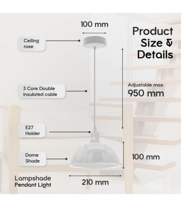 2Pack Dome Shaped White Loft Style Sturdy Metal Lamp Shade Pendant Lights 21cm Bottom Spray Painted Finish Inner White