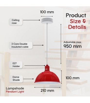 2Pack Dome Shaped Red Loft Style Sturdy Metal Lamp Shade Pendant Lights 21cm Bottom Spray Painted Finish Inner White