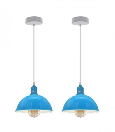 2Pack Dome Shaped Blue Loft Style Sturdy Metal Lamp Shade Pendant Lights 21cm Bottom Spray Painted  Finish Inner White
