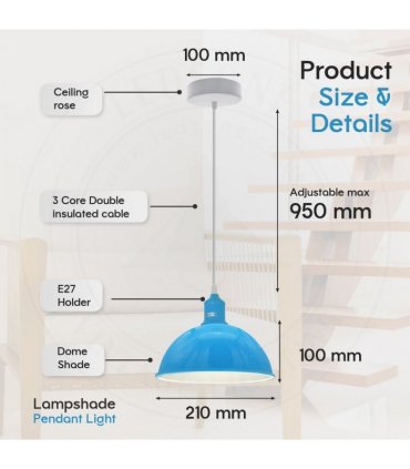 2Pack Dome Shaped Blue Loft Style Sturdy Metal Lamp Shade Pendant Lights 21cm Bottom Spray Painted  Finish Inner White