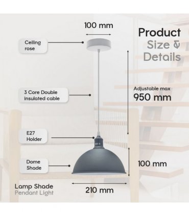 2Pack Dome Shaped Grey Loft Style Sturdy Metal Ceiling Lamp Shade Pendant Lights 21cm Bottom Spray  Finish Inner White
