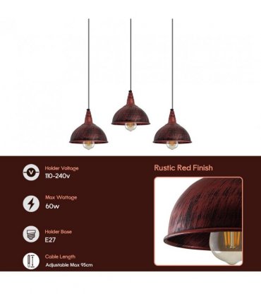 Vintage Industrial Rustic Red 3 Head Reactangle Pendant Cord E27 Base Metal Brushed Light Fitting Small Dome Lamp Shade