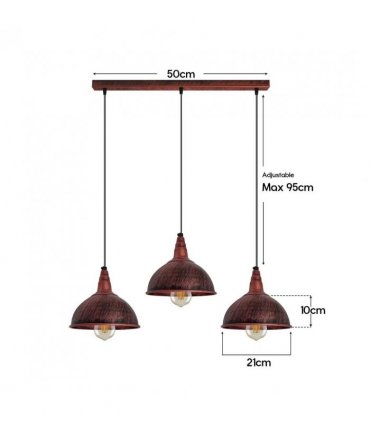 Vintage Industrial Rustic Red 3 Head Reactangle Pendant Cord E27 Base Metal Brushed Light Fitting Small Dome Lamp Shade
