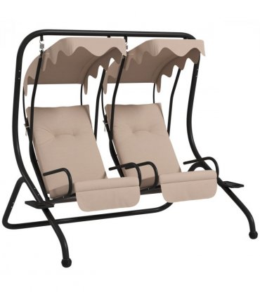 Outsunny Canopy Swing 2 Separate Relax Chairs w/ Handrails, Cup Holders Beige