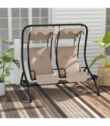 Outsunny Canopy Swing 2 Separate Relax Chairs w/ Handrails, Cup Holders Beige