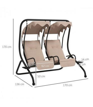 Outsunny Canopy Swing 2 Separate Relax Chairs w/ Handrails, Cup Holders Beige