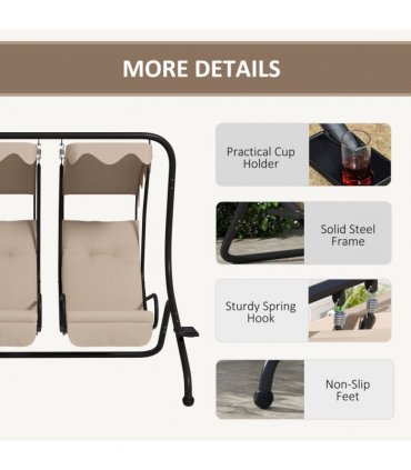 Outsunny Canopy Swing 2 Separate Relax Chairs w/ Handrails, Cup Holders Beige