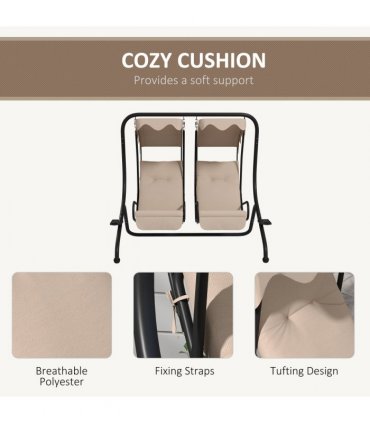Outsunny Canopy Swing 2 Separate Relax Chairs w/ Handrails, Cup Holders Beige