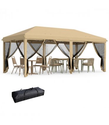 Outsunny 6 x 3m Pop Up Party Tent Canopy with 6 Removable Sidewalls Beige