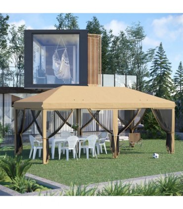Outsunny 6 x 3m Pop Up Party Tent Canopy with 6 Removable Sidewalls Beige