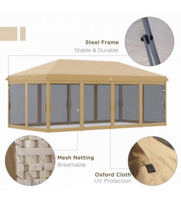 Outsunny 6 x 3m Pop Up Party Tent Canopy with 6 Removable Sidewalls Beige