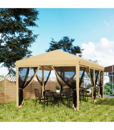 Outsunny 6 x 3m Pop Up Party Tent Canopy with 6 Removable Sidewalls Beige