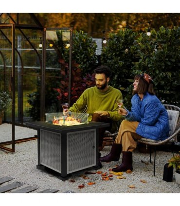 Outsunny Outdoor Propane Gas Fire Pit Table w/ Wind Screen & Glass Beads, Grey