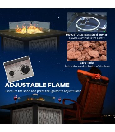 Outsunny Outdoor Propane Gas Fire Pit Table w/ Wind Screen & Glass Beads, Grey