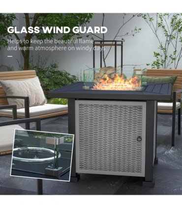 Outsunny Outdoor Propane Gas Fire Pit Table w/ Wind Screen & Glass Beads, Grey